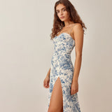 Kendall Jenner Wedding Guest Dress Floral Print Sling Square Collar A- line Dress Sexy Side Split