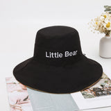 Women Bucket Hat Wide Brim Bear English Embroidery Sunshade