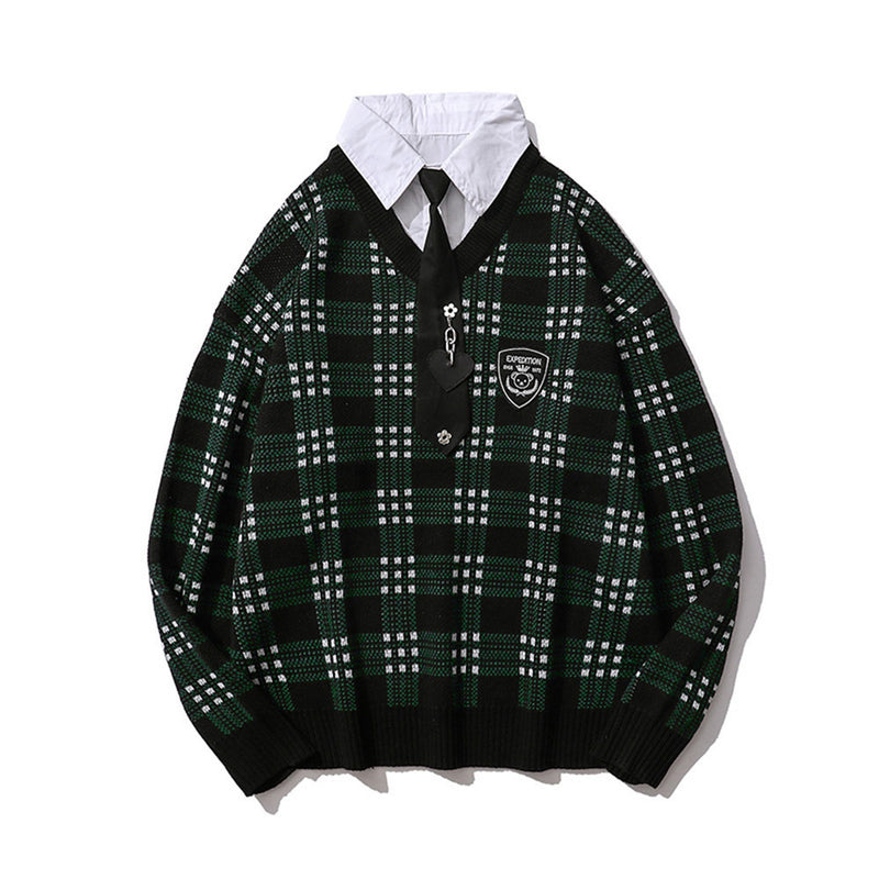 Men Sweater Fake Two-Piece Plaid Sweater Men's Pullover