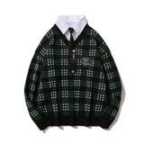Men Sweater Fake Two-Piece Plaid Sweater Men's Pullover