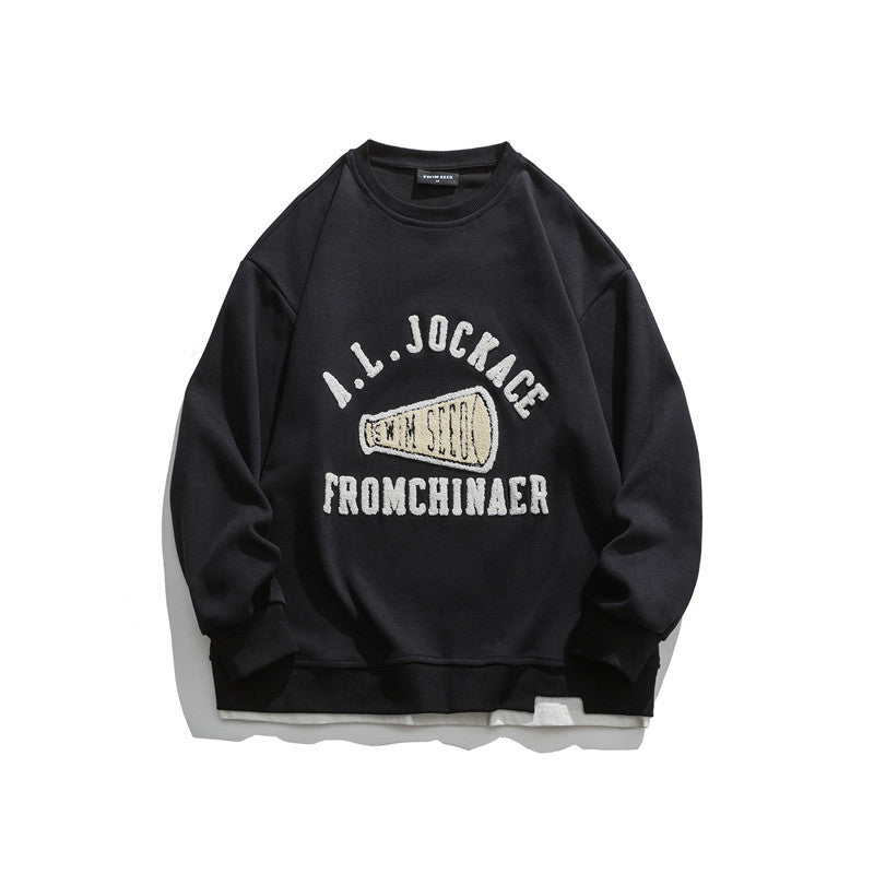 Man Fall Outfis Autumn Couple Wear Towel Embroidery Fake Two-Piece round Neck Sweater Men's and Women's Hip Hop Casual Coat