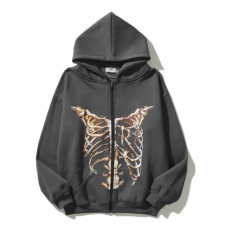 Cardigan Baseball Jacket Autumn and Winter Skeleton Destroyed Retro Loose and Hooded Cardigan Coat