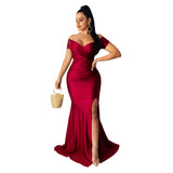 Kendall Jenner Wedding Guest Dress Sexy Nightclub V-neck Formal Dress Solid Color Large Slit Dress Short Sleeve