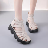 Highway Flat Sandals Summer Height Increasing Fashion Genuine Leather High-Top Platform Closed Toe Sandals for Women