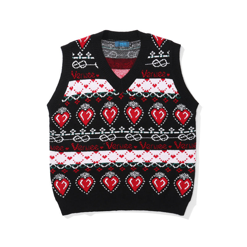 Men Sweater Contrast Color Heart Jacquard Knitted Vest Men's Street Vest