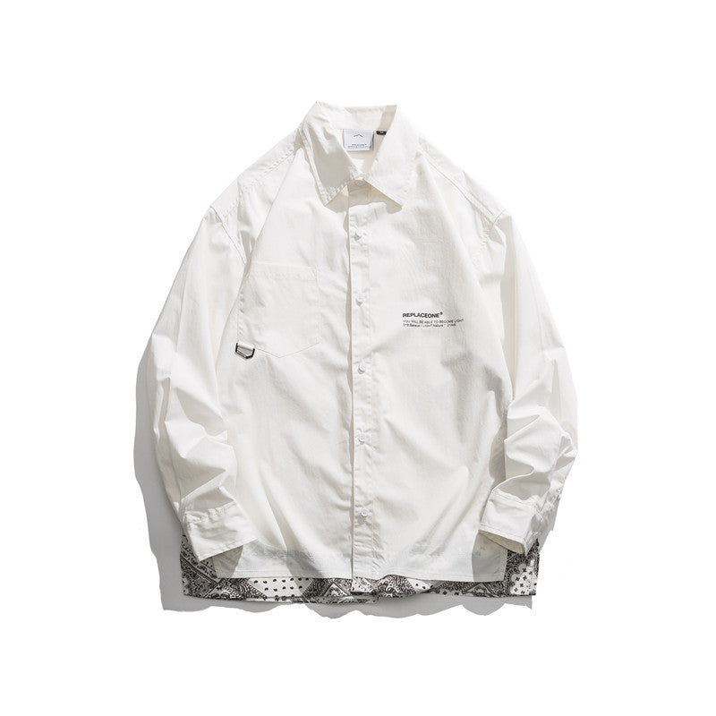 Man Fall Outfis Autumn Vintage Paisley Stitching Fake Two Pieces Shirts Loose BF Style Long Sleeve Shirt
