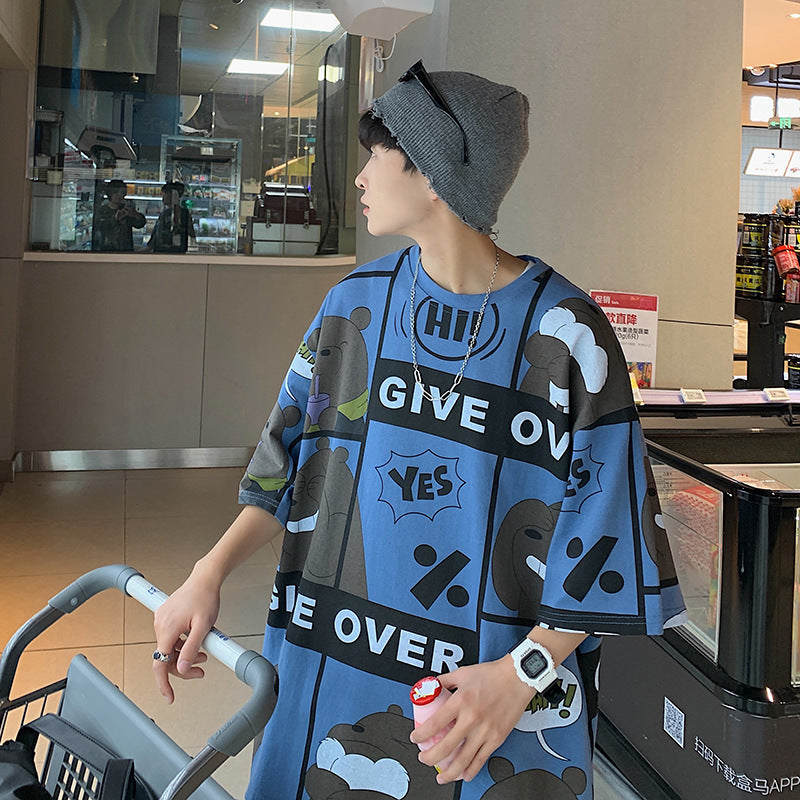 Men T-Shirts Cartoon Print Loose Half Sleeve