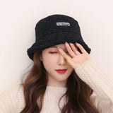 Women Bucket Hat Lamb Fur Fisherman Letter Basin Hat