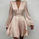 Kendall Jenner Wedding Guest Dress V-neck Elegant Slim Dress Lantern Sleeve Skirt