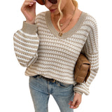 Women Pullover Knit Sweater Autumn and Winter V-neck Sweater Head Striped Sweater for Women
