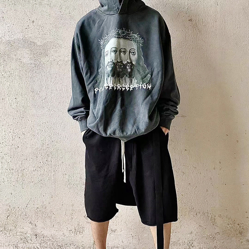 Nirvana Hoodie False Perception Jesus Heart Print Distressed Loose Hooded Sweater