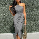 Taffeta Dress Long Dress Slant Shoulder Belt Slim Satin Dress