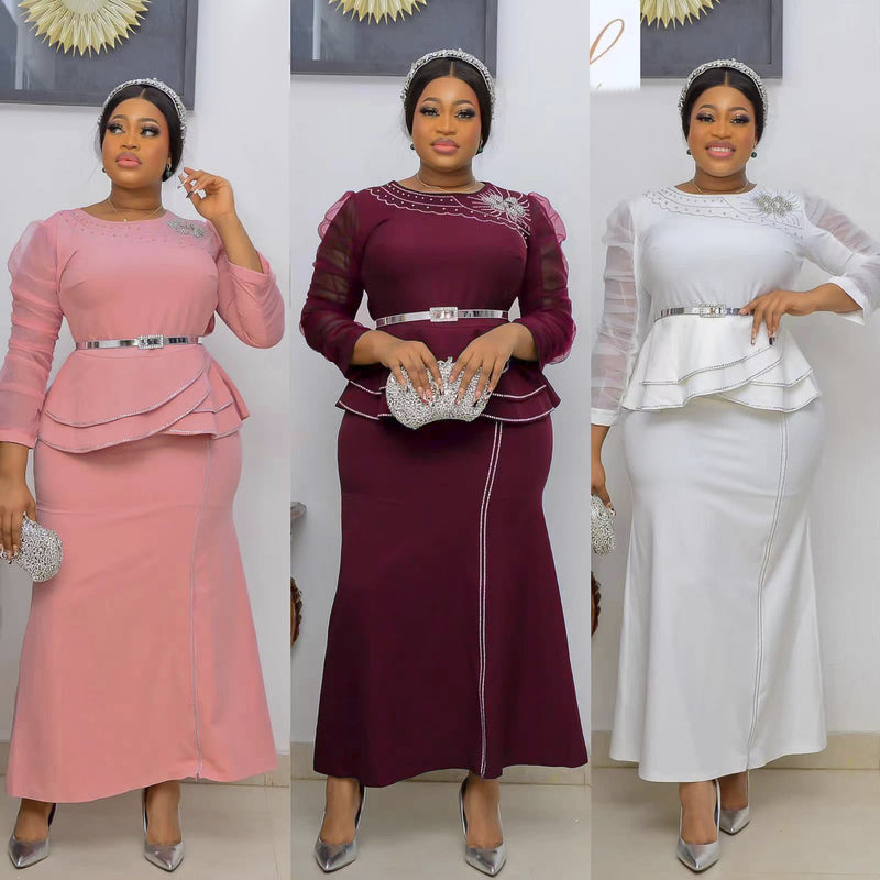 African Dashiki Dress plus Size Women's round Neck Lace Hollow Dress