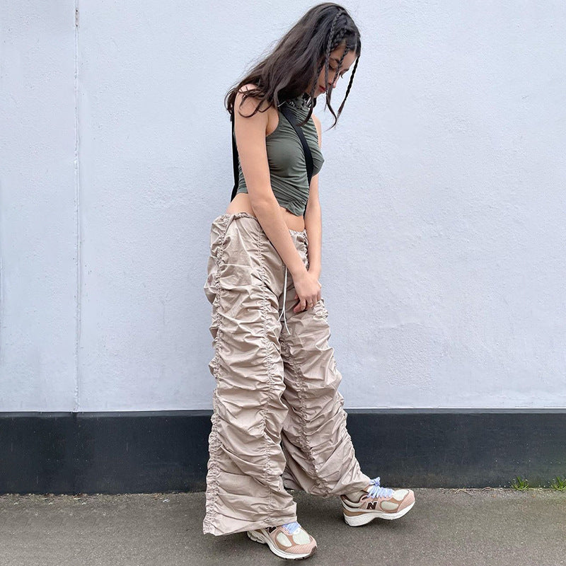 Julia fox low rise jeans: hot girl style personality pleated  low waist  loose and thin straight pants waist tie casual pants