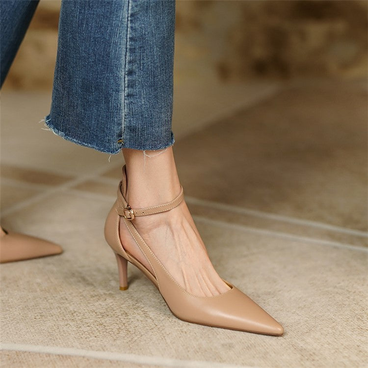 Nude Low Block Heel Pointed Elegant Strap Stiletto Heel