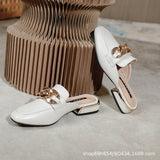 Finn Chain Pointed Toe Mule Closed Toe Sandals Women's Half Slippers Genuine Leather Mules Shoes