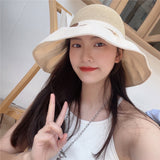 Women Bucket Hat Bowknot Sunshade Hollow-out Straw Hat
