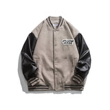 Man Fall Outfis Vintage Color Matching PU Leather Jacket Loose Casual Baseball Uniform