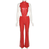Autumn Sexy Sleeveless Zipper Hollow High Waist Tight Poly Urethane Leather Jumpsuit