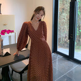 Gypsy Style Dresses V-neck Puff Sleeve Polka Dot Chiffon Pleated Pleated Dress