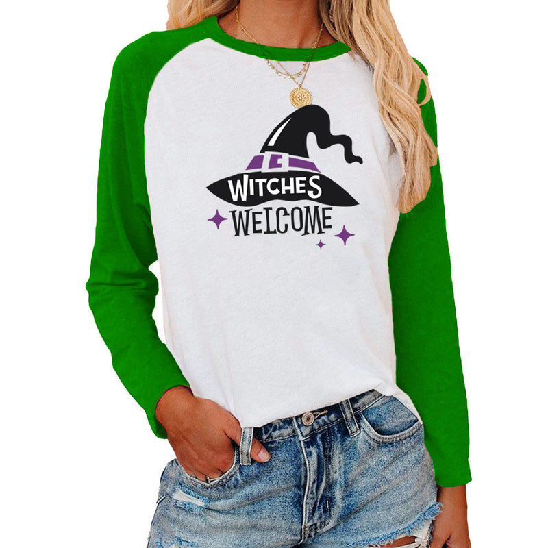 Halloween Costumes Pattern Printed Raglan Color Contrast Long Sleeve T-shirt Women