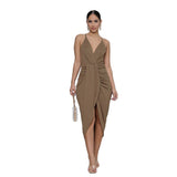 MIDI Mauve Cocktail Dress Solid Color Pleated Suspender Casual Women's Dress