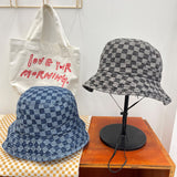 Vintage Check Bucket Hat Denim Flat Top Foldable Soft Brim Bucket Hat