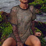 Rave Outfits Mens T Shirt Skinny Hollow-out Woven Slim Fit