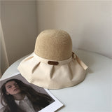 Women Bucket Hat Bowknot Sunshade Hollow-out Straw Hat