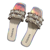 Women Open Toe Sandals Flats Flat Bottom Pearl One-Line Sandals