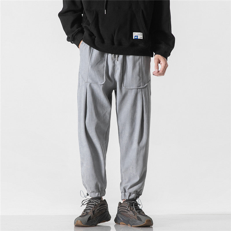 Man Fall Outfis Solid Color Drawstring Jogger Pants Loose Leisure Sports Trousers
