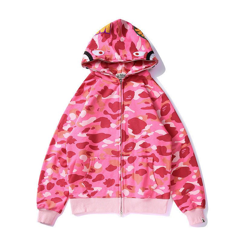 Bathing Ape Autumn and Winter Men's and Women's Pure Cotton Shark Head 3D Camouflage Printing Brushed Hoody Hoodie