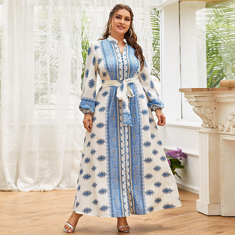 Nine Britton Dress V-neck Long Large Hem Type Blue Printing