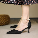 Nude Low Block Heel Pearl Buckle Pointed Toe Pumps