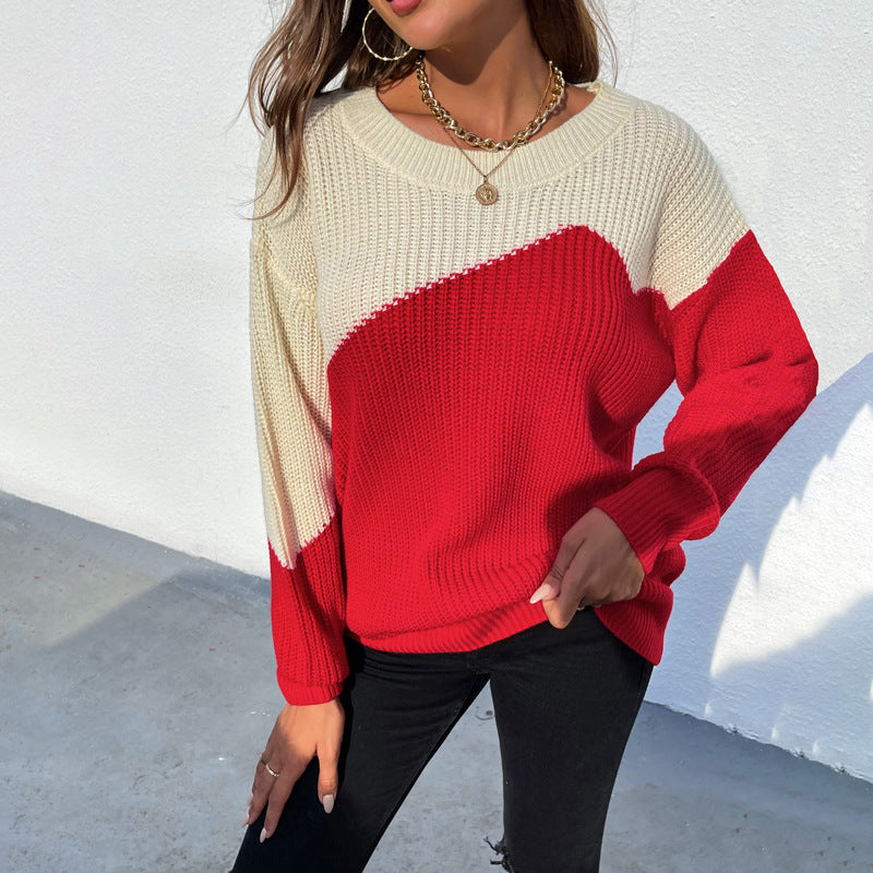 Women Pullover Knit Sweater Women's Autumn and Winter round Neck Color Contrast Patchwork Pullover Sweater