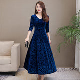 Blue Velvet Dress Pleuche Long Sleeve Swing Skirt