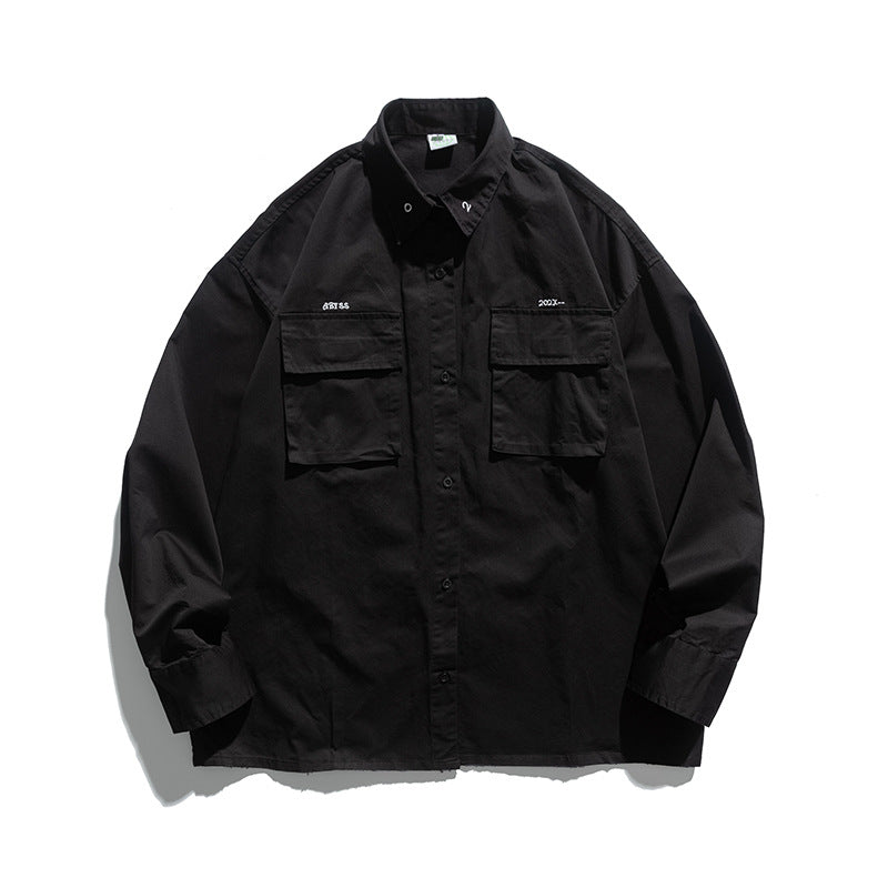 Man Fall Outfis Autumn Solid Color Multi-Pocket Simple Embroidered Casual Shirt Men's Casual Coat Top