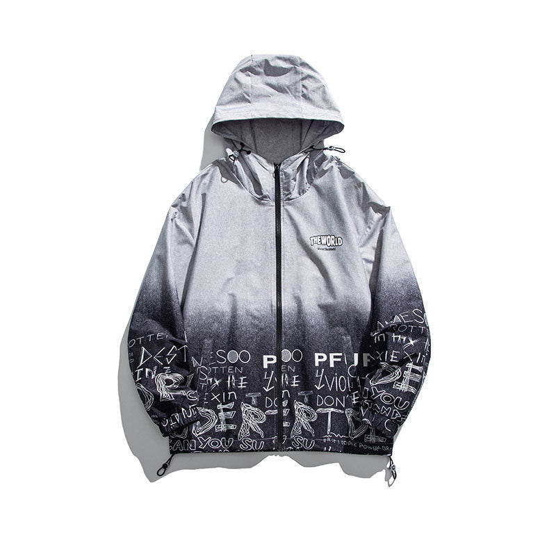 Man Fall Outfis Autumn Clothing Street Creativity Printing Gradient Color Matching Hooded Casual Jacket Men