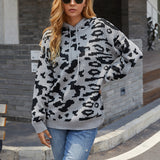 Women Pullover Knit Sweater Women's Knitwear Leopard Print Drawstring Hoodie