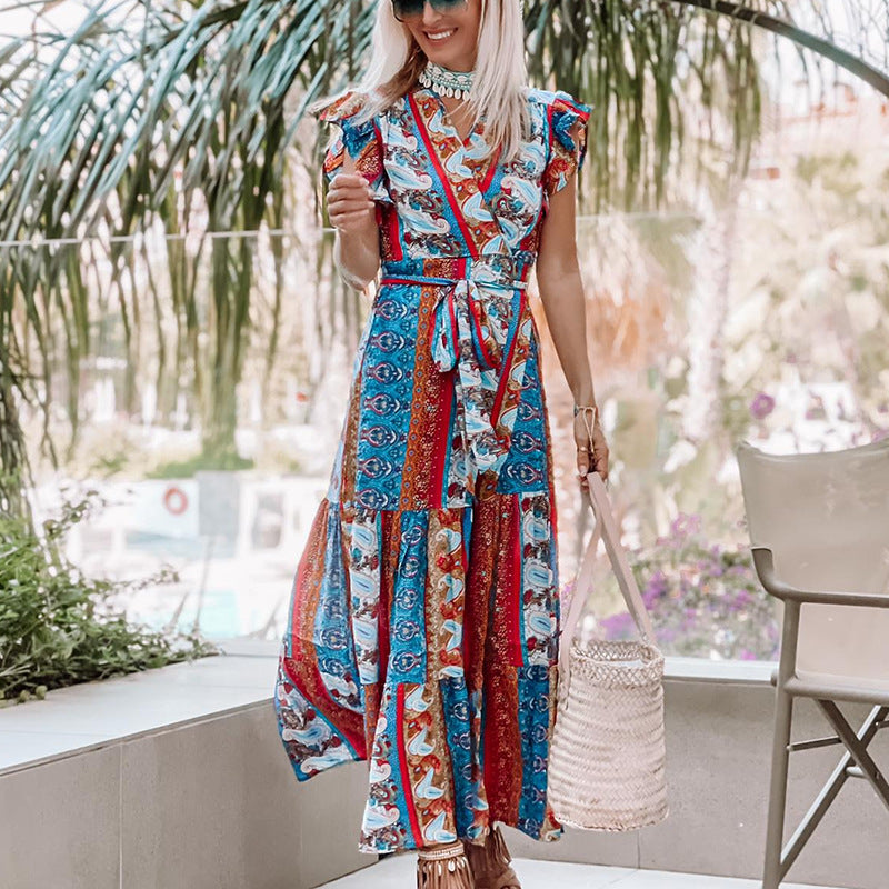 Kendall Jenner Wedding Guest Dress Printed V-neck Lotus Leaf Sleeve Ethnic Style