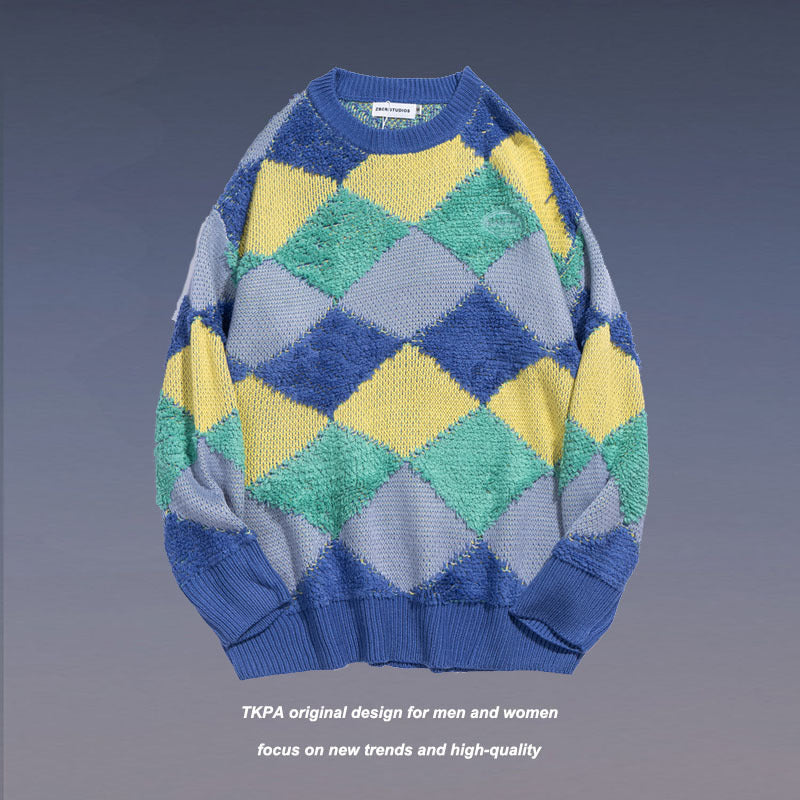 Man Fall Outfits Plaid Stitching round Neck Sweater Long Sleeve Casual Sweater Coat