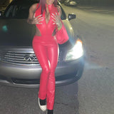 Autumn Sexy Sleeveless Zipper Hollow High Waist Tight Poly Urethane Leather Jumpsuit