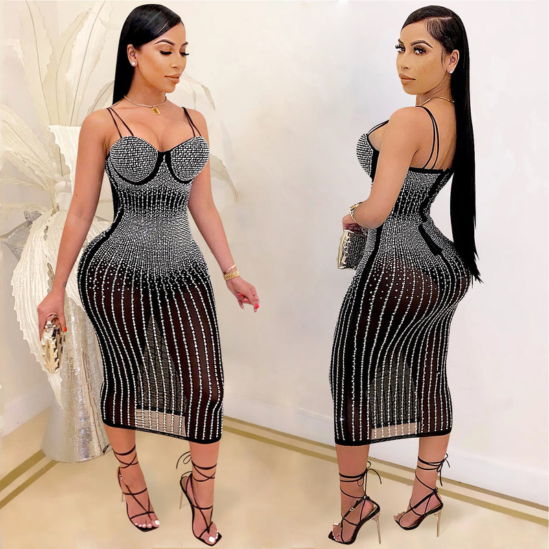 Skin Tight Long Dresses See-through Rhinestone Strap Dress