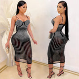Skin Tight Long Dresses See-through Rhinestone Strap Dress