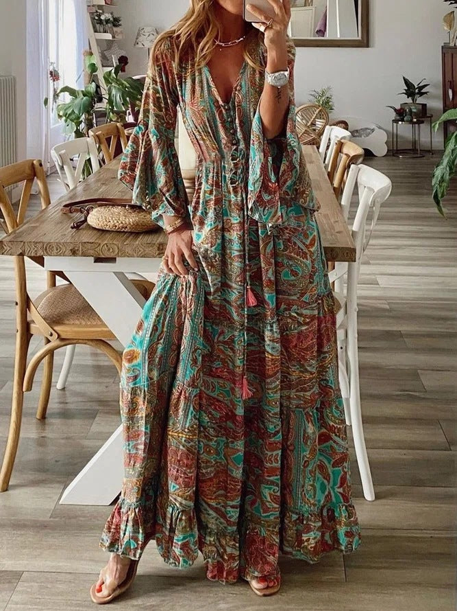 Nine Britton Dress Bohemian Retro Style Printed High Waist Holiday Broken Flower