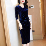 Blue Velvet Dress V-neck Long Sleeve Split Hip Velvet