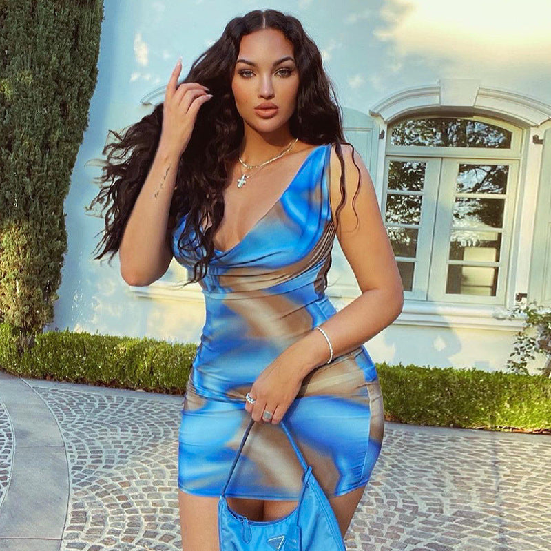 Coachella Music Festival Outfits Fashion Street Shooting Sexy Print Sleeveless Slim Dress