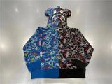 Bape Bearbrick Hoodie Blue And Black Camouflage Stitching Shark Zipper Hooded Ear Sweater