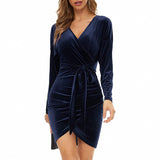 Long Sleeve Burgundy Dress Formal Autumn and Winter V-neck Slim Fit Sexy Tight