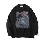Men Sweater Character Printed Sweater Men's Loose round Neck Sweater Trendy Pullover